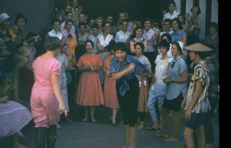 ACS61a Carrie Overton and Sharon McMullen getting down and boogying.  They are dressed up for girls' slave day.